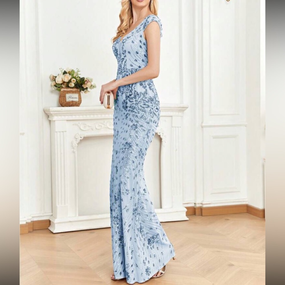 Luxe V neck sequin formal evening party dress - Picture 4 of 7
